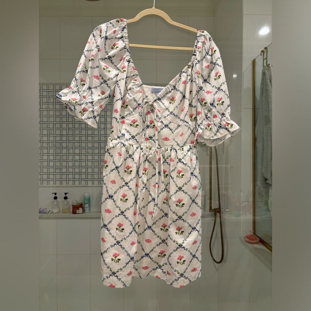 Hill House White Mini Dress with Pink Floral and Blue Lattice